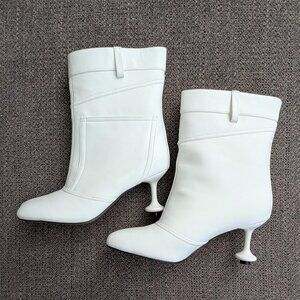 ⚡Women's White Ankle Boots Shaped High Heel Petal Shaped Toe Wide Calf Boots